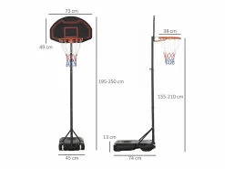 Aparato De Musculación|Canasta de baloncesto de altura regulable 195-250 cm con soporte, de acero, color , para niños, con ruedas (131, con ruedas (131x49x250 cm)