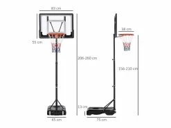Cesta De Baloncesto|Canasta de baloncesto para exterior de altura ajustable, estructura de acero, PVC, color , con ruedas (83 x 75 x 206-260 cm)