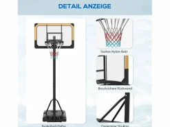Cesta De Baloncesto|Canasta de baloncesto regulable en altura con soporte, acero, color , ruedas incluidas (71x74x264 cm)