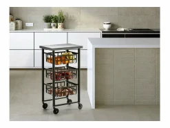 Don Hierro Mueble Camarera|Carrito auxiliar FIFTY-FIFTY con 3 cestas metálicas, encimera de acero inoxidable y ruedas. Diseño moderno y funcionalidad
