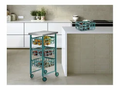 Don Hierro Carrito auxiliar FIFTY-FIFTY con 3 cestas metálicas, encimera de acero inoxidable y ruedas. Diseño moderno y funcionalidad Azul turquesa Hot