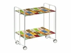 Carrito auxiliar plegable con ruedas - Estructura metálica blanca, 2 estantes laminados Decorado Vintage 1 – 72*66*43 cm - BAUHAUS^Don Hierro Discount