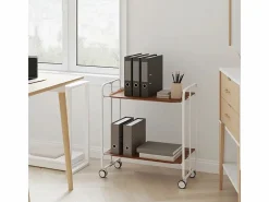 Don Hierro Mueble Camarera|Carrito auxiliar plegable con ruedas - Estructura metálica blanca, 2 estantes laminados color Cedro – 72*66*43 cm - BAUHAUS