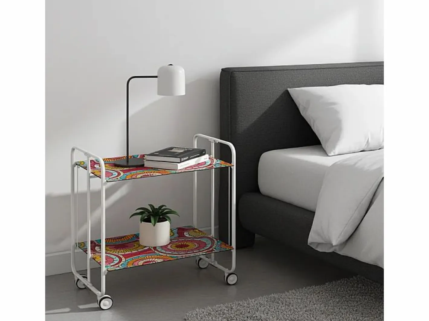 Don Hierro Carrito auxiliar plegable con ruedas - Estructura metálica blanca, 2 estantes laminados Decorado Abstracto colores – 72*66*43 cm - BAUHAUS Rosa Clearance