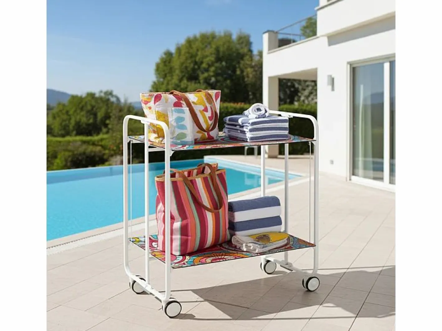 Don Hierro Carrito auxiliar plegable con ruedas - Estructura metálica blanca, 2 estantes laminados Decorado Abstracto colores – 72*66*43 cm - BAUHAUS Rosa Clearance
