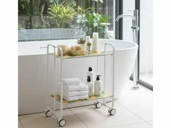 Carrito auxiliar plegable con ruedas - Estructura metálica blanca, 2 estantes laminados Decorado Óvalos naranjas y verdes – 72*66*43 cm - BAUHAUS^Don Hierro Outlet