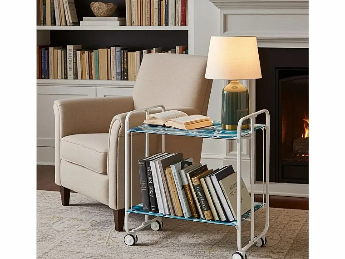 Don Hierro Carrito auxiliar plegable con ruedas - Estructura metálica blanca, 2 estantes laminados Decorado Peces azules – 72*66*43 cm - BAUHAUS Azul turquesa / Azul New