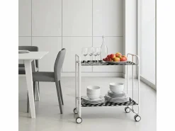 Don Hierro Carrito auxiliar plegable con ruedas - Estructura metálica blanca, 2 estantes laminados círculos blancos fondo – 72*66*43 cm - BAUHAUS Negro Hot