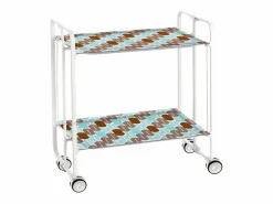 Carrito auxiliar plegable con ruedas - Estructura metálica blanca, 2 estantes laminados Decorado Óvalos turquesa y marrón – 72*66*43 cm - BAUHAUS^Don Hierro Hot