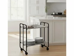Carrito auxiliar plegable con ruedas - Estructura metálica negra, 2 estantes laminados color Pino envejecido – 72*66*43 cm - BAUHAUS^Don Hierro Outlet
