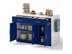 Carrito de cocina - Isla de cocina con 2 cajones y 3 puertas - toallero y cable de alimentación de 1,5 m Azul Best