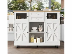 OKWISH Carrito de cocina con encimera de madera, toallero y estantes ajustables Blanco Online