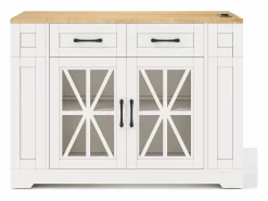 Hauss Spole Mueble Camarera|Carrito de cocina con ruedas con 2 cajones, 2 puertas de cristal y toma de corriente y puerto USB, tapa extensible imitación madera, cuerpo