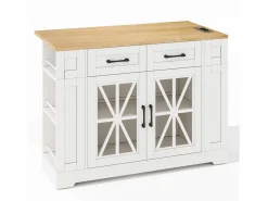 Hauss Spole Mueble Camarera|Carrito de cocina con ruedas con 2 cajones, 2 puertas de cristal y toma de corriente y puerto USB, tapa extensible imitación madera, cuerpo
