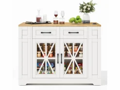 Hauss Spole Mueble Camarera|Carrito de cocina con ruedas con 2 cajones, 2 puertas de cristal y toma de corriente y puerto USB, tapa extensible imitación madera, cuerpo