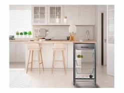 Carrito de cocina con ruedas APRIL – Mueble auxiliar elegante con cestas, cajón y botellero^Don Hierro