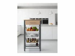 Don Hierro Carrito de cocina Diana con 3 cestas extraíbles, cajón y botellero – mueble auxiliar con ruedas en color inox y haya Plateado Online