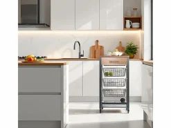 Don Hierro Carrito de cocina Diana con 3 cestas extraíbles, cajón y botellero – mueble auxiliar con ruedas en color inox y haya Plateado Online