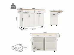 Carrito de cocina móvil - Isla de cocina con 2 cajones y 4 puertas - Especiero y toallero Blanco