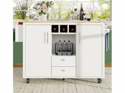OKWISH Isla Cocina|Carrito de cocina móvil con encimera plegable, espacio de almacenamiento y botellero -