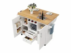 OKWISH Isla Cocina|Carrito de cocina móvil con encimera plegable, espacio de almacenamiento y botellero -