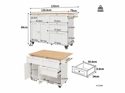 Carrito de cocina móvil con tapa extensible chapada en imitación madera, 3 cajones y 3 puertas incluidas, - 133x70x88cm^Hauss Spole