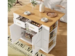 Hauss Spole Carrito de cocina móvil con tablero extensible chapado en imitación madera, 2 cajones, 2 puertas y estantes incluidos, - 120x65x90cm Blanco Sale