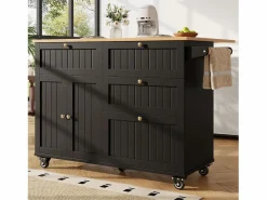 Hauss Spole Carrito de cocina móvil con tablero extensible chapado en imitación madera, 3 cajones y 3 puertas incluidas, - 133x70x88cm Negro New