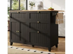 Hauss Spole Carrito de cocina móvil con tablero extensible chapado en imitación madera, 3 cajones y 3 puertas incluidas, - 133x70x88cm Negro New