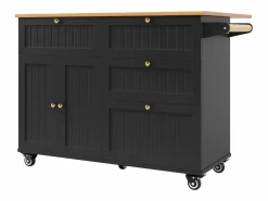 Hauss Spole Carrito de cocina móvil con tablero extensible chapado en imitación madera, 3 cajones y 3 puertas incluidas, - 133x70x88cm Negro New