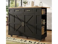 Hauss Spole Mueble Camarera|Carrito de cocina móvil con tablero extensible chapado en imitación madera, 2 cajones, 2 puertas y estantes incluidos, - 120x65x90cm