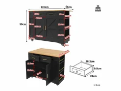 Hauss Spole Mueble Camarera|Carrito de cocina móvil con tablero extensible chapado en imitación madera, 2 cajones, 2 puertas y estantes incluidos, - 120x65x90cm