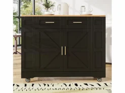 Hauss Spole Mueble Camarera|Carrito de cocina móvil con tablero extensible chapado en imitación madera, 2 cajones, 2 puertas y estantes incluidos, - 120x65x90cm