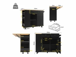 Carrito de cocina móvil con toallero - Isla de cocina con 2 cajones y 1 puerta - 5 compartimentos abiertos^ Outlet