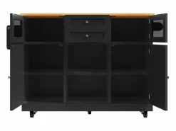 OKWISH Carrito de cocina con encimera de madera, toallero y estantes ajustables Negro Outlet