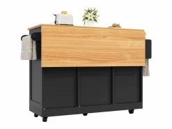 OKWISH Carrito de cocina con encimera de madera, toallero y estantes ajustables Negro Outlet