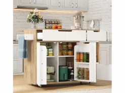 Carrito de cocina 120x46x85cm con ruedas giratorias 360°, cajones, puertas de armario y compartimentos abiertos en color para cocina y salón^ Outlet