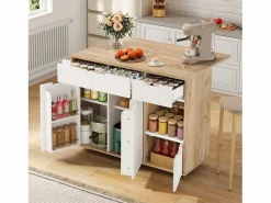 Carrito de cocina 120x46x85cm con ruedas giratorias 360°, cajones, puertas de armario y compartimentos abiertos en color para cocina y salón^ Outlet