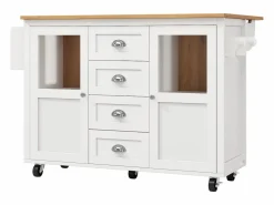 Carrito de servicio - Carrito de servicio con 4 cajones y 2 puertas - Bandeja retráctil y especiero - para comedores y cocinas Blanco Outlet