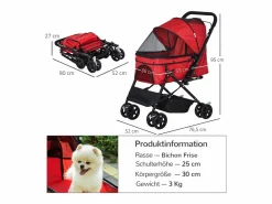 Carrito para perros y gatos, plegable, con funda de poliéster, color , 4 ruedas giratorias (76,5 x 52 x 95 cm) Rojo Online