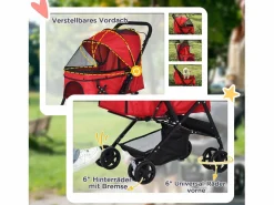 Carrito para perros y gatos, plegable, con funda de poliéster, color , 4 ruedas giratorias (76,5 x 52 x 95 cm) Rojo Online