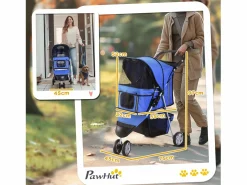 Carrito plegable para perros y gatos, diseño práctico, tela oxford, , con freno y mosquitera (75x45x97cm) Azul Sale