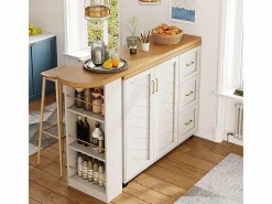 Carro de bar extensible con 2 puertas y 3 cajones, con ruedas, mostrador exterior de madera,^KOMHTOM Online