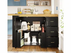 KOMHTOM Carro de bar extensible con 2 puertas y 3 cajones, con ruedas, mostrador exterior de madera, Negro Discount