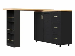KOMHTOM Carro de bar extensible con 2 puertas y 3 cajones, con ruedas, mostrador exterior de madera, Negro Discount