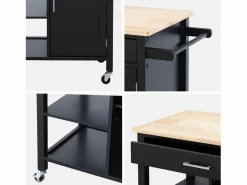 Sweeek Carro de cocina con bandeja de madera de pino Negro Discount
