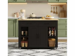 Carro de cocina 120x44x91,5 con barra de bar y tomas de corriente, dos cajones y dos puertas de armario con separadores en color para cocina y comedor Negro Best