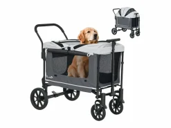 Transportín De Paseo Para Animales|Carro plegable para perros y gatos, diseño cargo, poliéster, oscuro, con cojín y ventanas de malla (110x65x102cm)