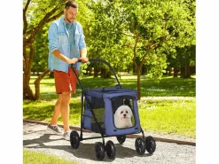 Carro plegable para perros, con cojín, bolsillos laterales y ventanas de malla, poliéster, azul (102x62x105cm)^ Hot