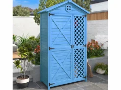 Merax Caseta de jardín de madera maciza con techo inclinado resistente a la intemperie - 2 puertas 3 estantes - 90 x 56,5 x 175,3 cm - Azul